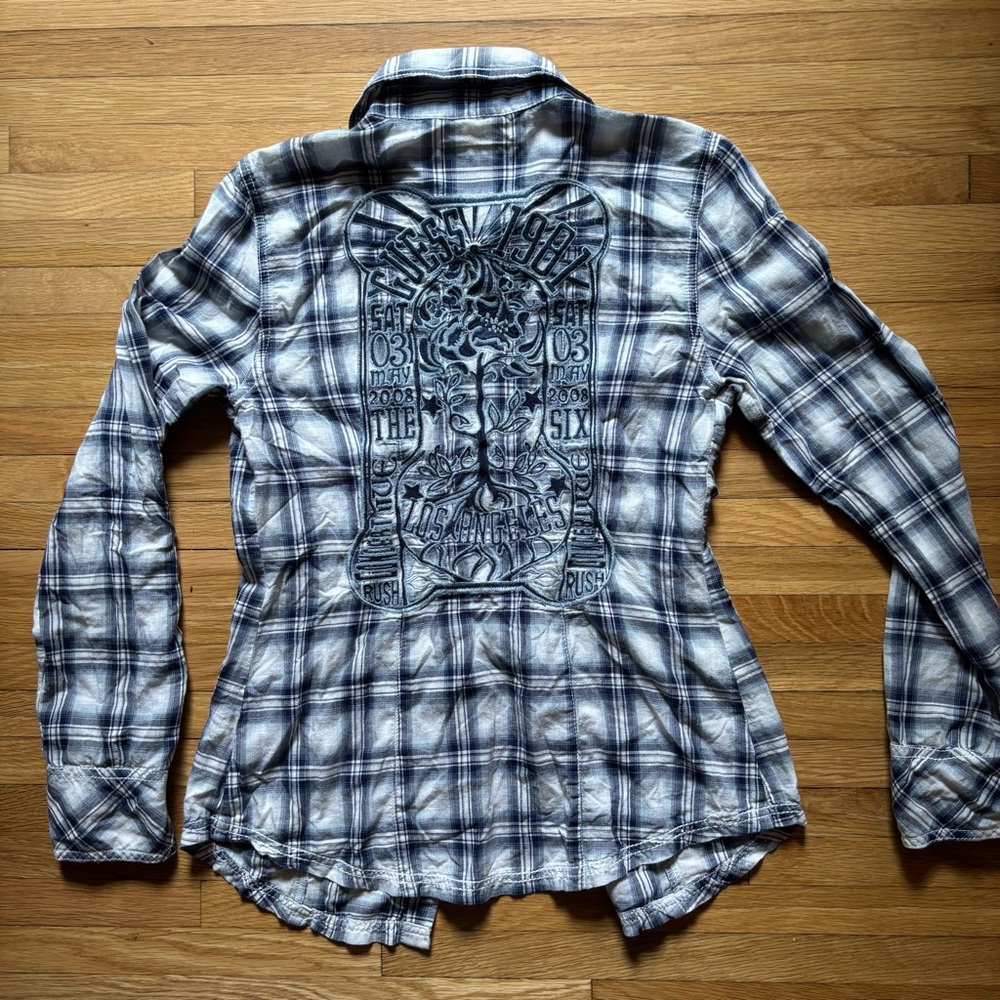 Guess Western Plaid Long Sleeve Womens Medium Rivet Snap Shirt Y2k Embroidered